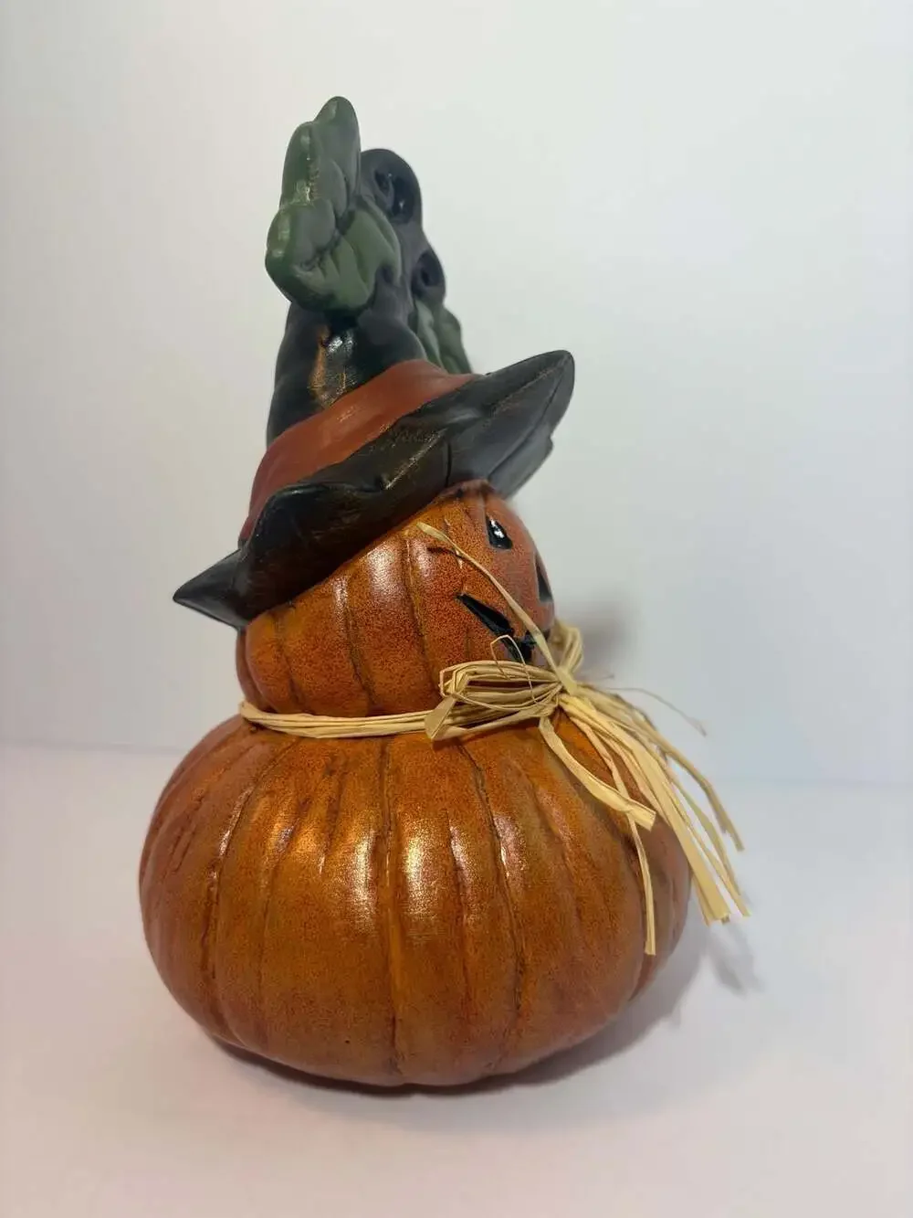 Pier 1 Whimsical Jack-O-Lantern Pumpkin Figurine Wearing Witch Hat and Straw Bow